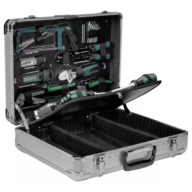 Brüder Mannesmann Set de herramientas de 124 piezas en maletín de aluminio, acero cromo-vanadio, accionamiento 1/4 pulgadas y 1/2 pulgadas 29072