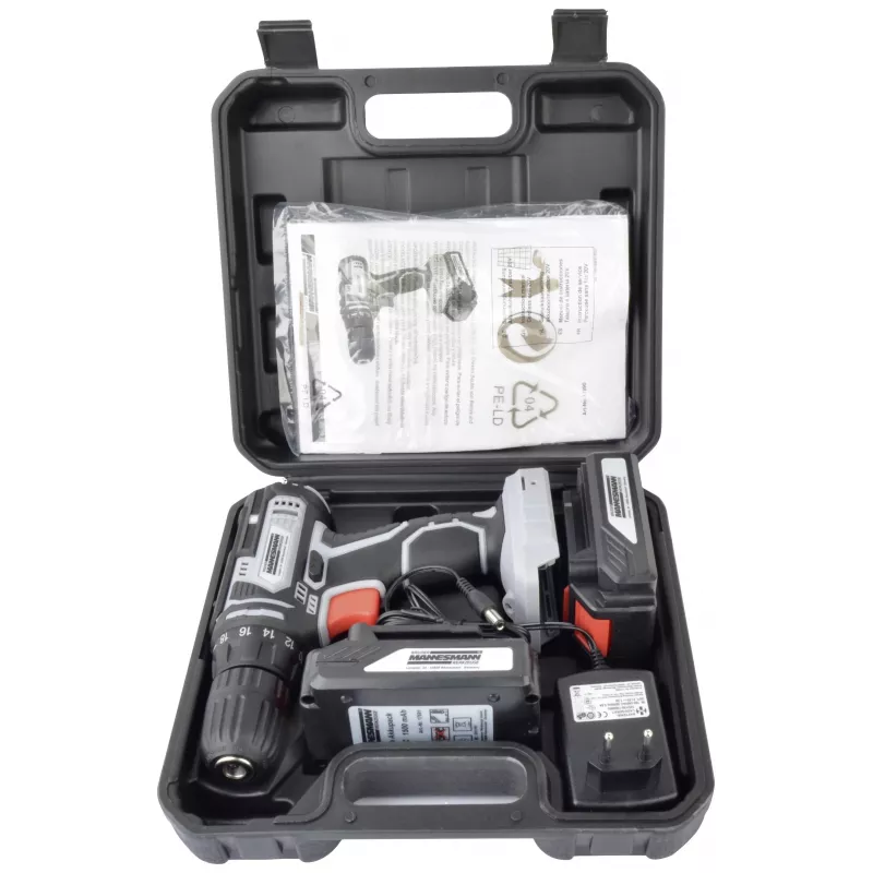 BRÜDER MANNESMANN M17690 Atornillador-taladro a batería 20V con 2 baterías de litio de 1,5 Ah, 35 Nm, 0-1500 rpm, portabrocas de sujeción rápida, luz LED, Softgrip, maletín