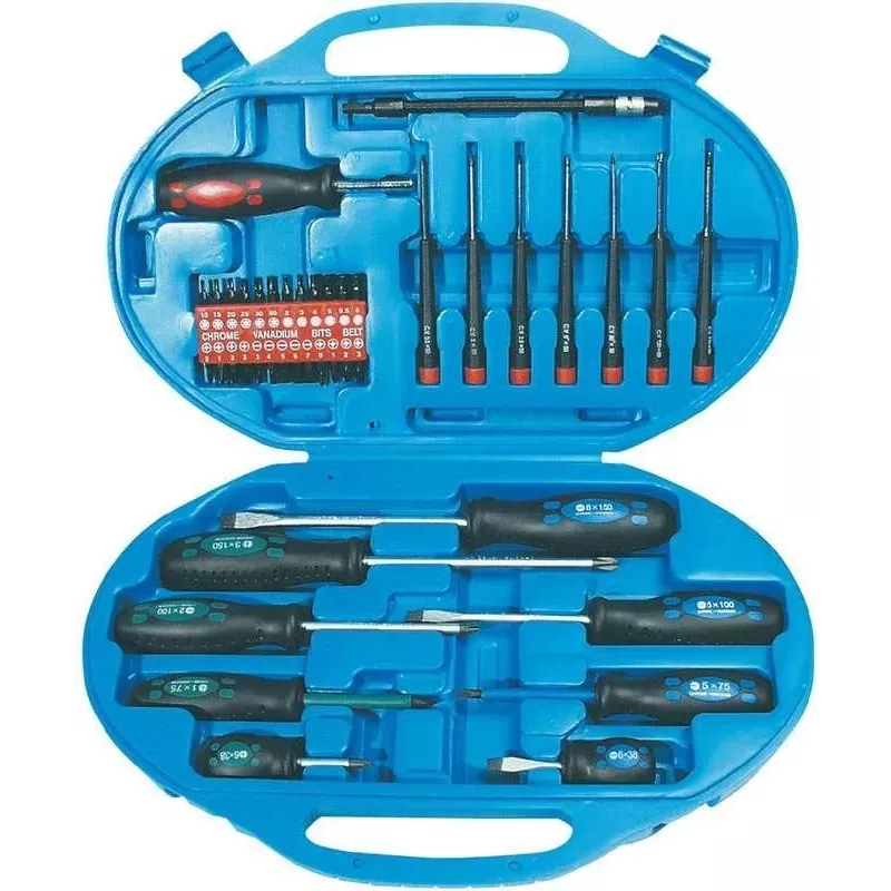 Brüder Mannesmann 11242 Set de 42 destornilladores con puntas planas, Phillips, Pozidriv, Torx, hexagonales interiores y soporte montable en pared