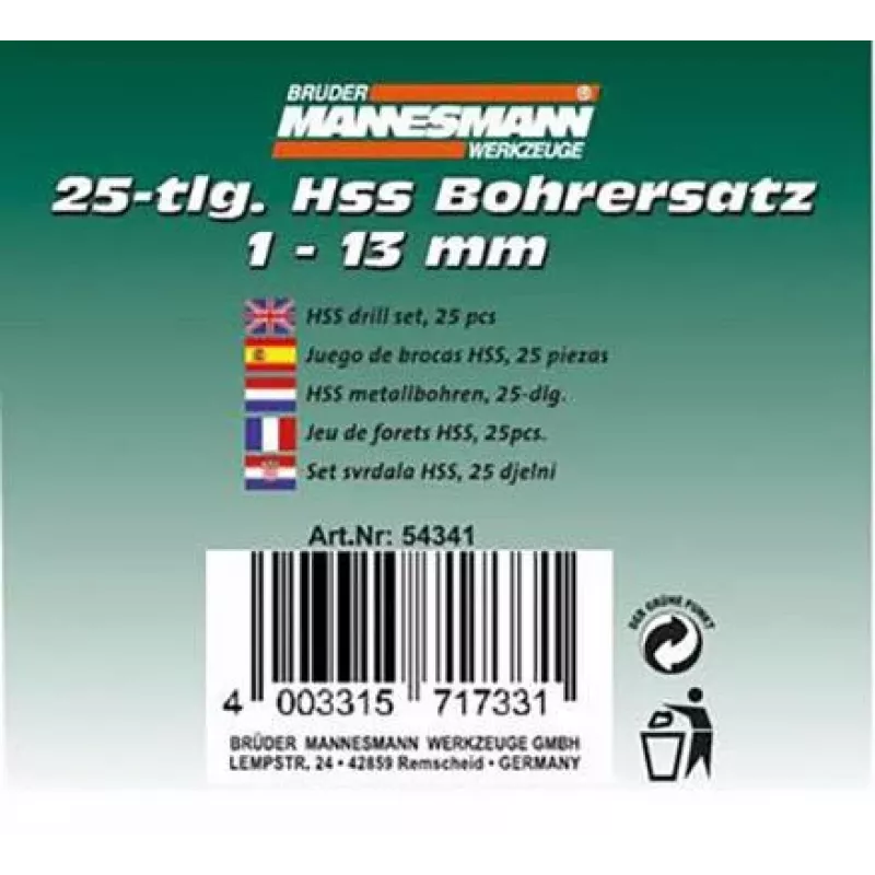Brüder Mannesmann M54341 Set de 25 brocas helicoidales HSS, 1-13 mm en maletín metálico