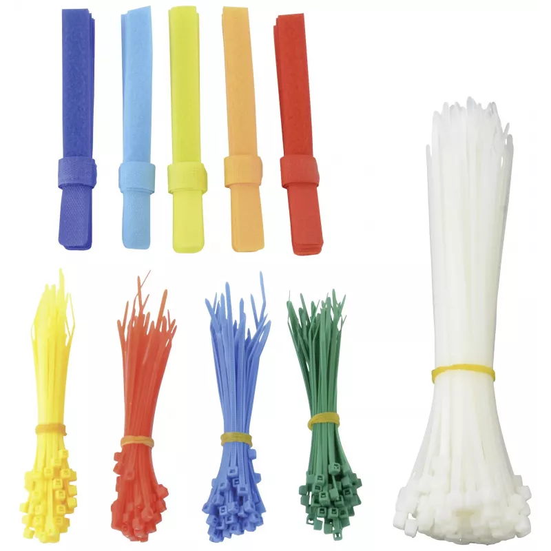 BRÜDER MANNESMANN Set de bridas y cierres de velcro, 350 piezas, 200 bridas 2,5 x 100 mm, varios colores, 150 cintas de velcro, reutilizables, gestión de cables para interiores (M13060)