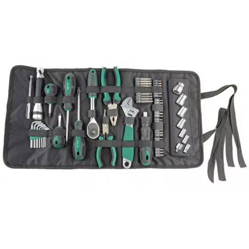 Brüder Mannesmann M21170 Juego de 65 herramientas en bolsa de tela, acero cromo-vanadio, negro/verde