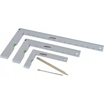 Brüder Mannesmann M81210 Juego de 5 escuadras con punta de marcar, acero templado, métrico, regla de 100 mm, transportador de ángulos 0-180°, escuadra de inglete 45°, escuadra de centrar, estuche de plástico 0418002