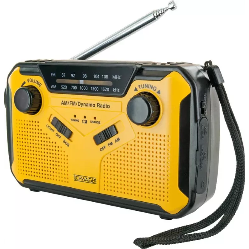 Schwaiger Radio exterior FM/AM manivela solar resistente a salpicaduras y golpes con linterna amarillo/negro (RADK0001)