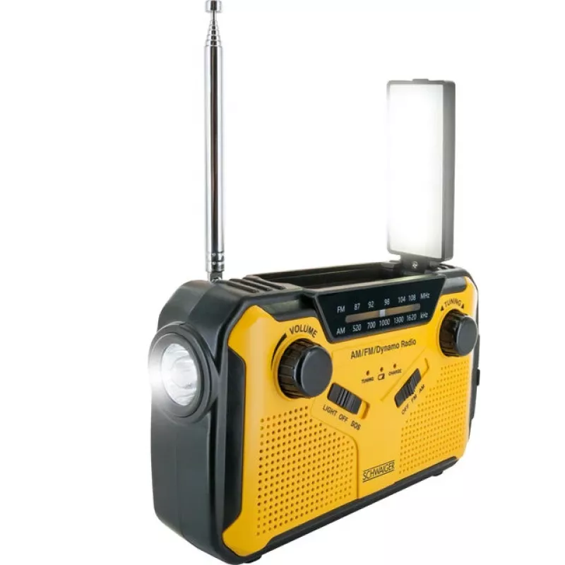 Schwaiger Radio exterior FM/AM manivela solar resistente a salpicaduras y golpes con linterna amarillo/negro (RADK0001)