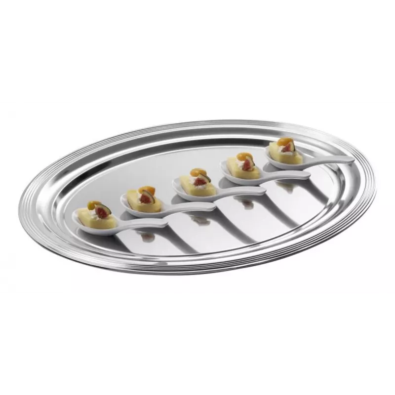 APS CLASSIC Bandeja de servir rectangular 460x340mm plateada niquelada y cromada metal con líneas