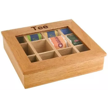 APS Caja de té de bambú marrón claro con ventana transparente, 9 compartimentos, 31 x 28 x 9 cm 11775
