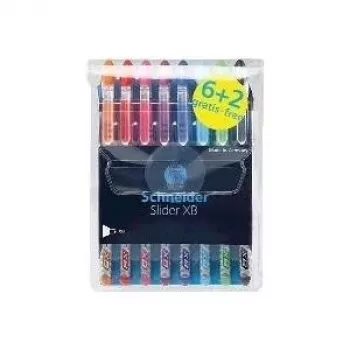Schneider Slider Basic set de bolígrafos - 8 colores diferentes, punta extragruesa de 1,4 mm, tecnología Viscoglide, zona de agarre ergonómica engomada, clip de acero inoxidable 151298