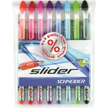 Schneider Slider Basic set de bolígrafos - 8 colores diferentes, punta extragruesa de 1,4 mm, tecnología Viscoglide, zona de agarre ergonómica engomada, clip de acero inoxidable 151298