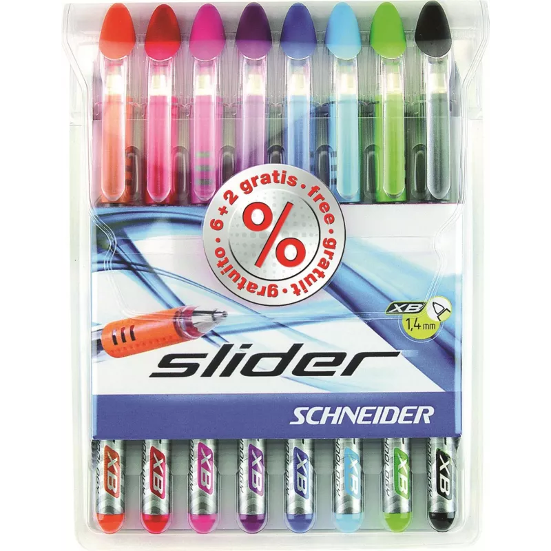 Schneider Slider Basic set de bolígrafos - 8 colores diferentes, punta extragruesa de 1,4 mm, tecnología Viscoglide, zona de agarre ergonómica engomada, clip de acero inoxidable 151298