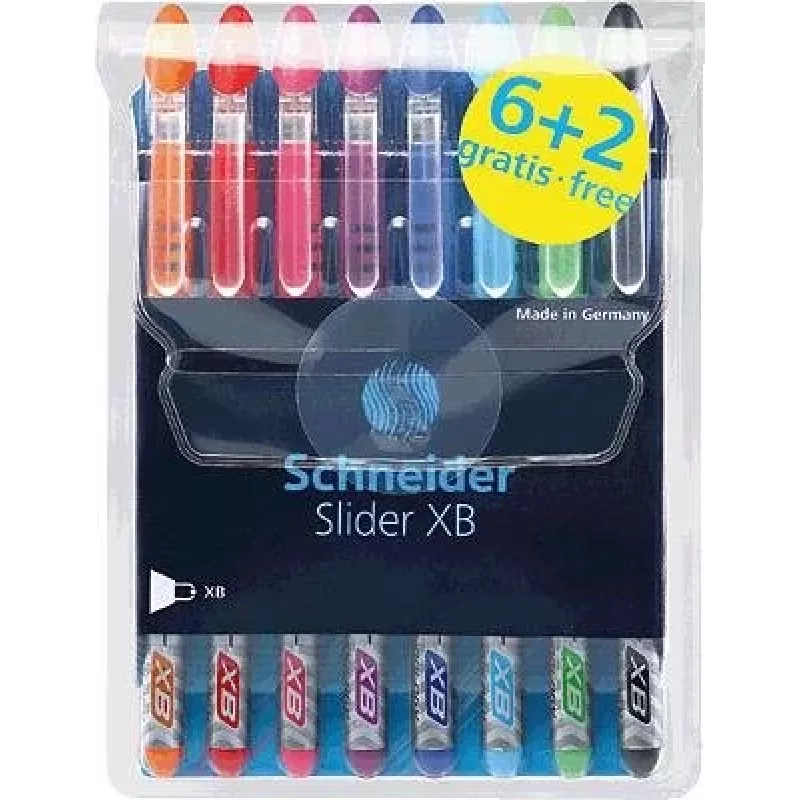 Schneider Slider Basic set de bolígrafos - 8 colores diferentes, punta extragruesa de 1,4 mm, tecnología Viscoglide, zona de agarre ergonómica engomada, clip de acero inoxidable 151298
