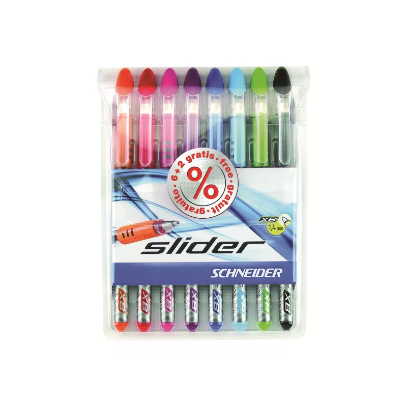 Schneider Slider Basic set de bolígrafos - 8 colores diferentes, punta extragruesa de 1,4 mm, tecnología Viscoglide, zona de agarre ergonómica engomada, clip de acero inoxidable 151298