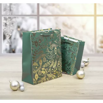 SIGEL GT118 bolsas de regalo, adornos dorados sobre verde, 26 x 32 cm, pack de 5
