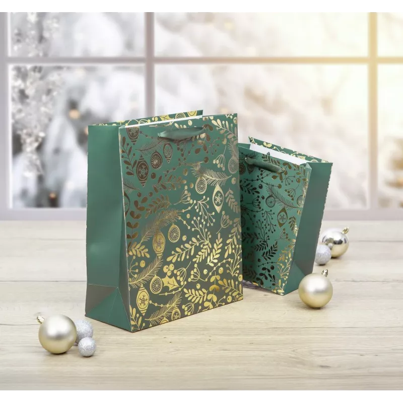 SIGEL GT118 bolsas de regalo, adornos dorados sobre verde, 26 x 32 cm, pack de 5