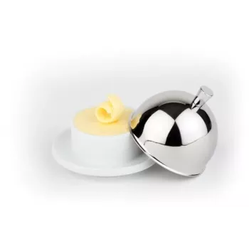 APS Mantequera, cuenco de porcelana con tapa de acero inoxidable 18/8, 180 x 130 x 70 mm, blanco/plata, 1 ud. 15921