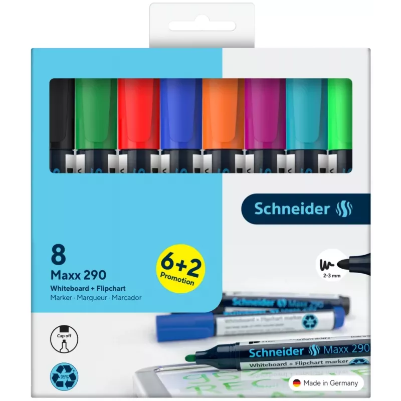 Schneider Maxx 290 rotuladores para pizarra blanca y flipchart set de 8 colores surtidos, punta redonda 2,0-3,0 mm 129098