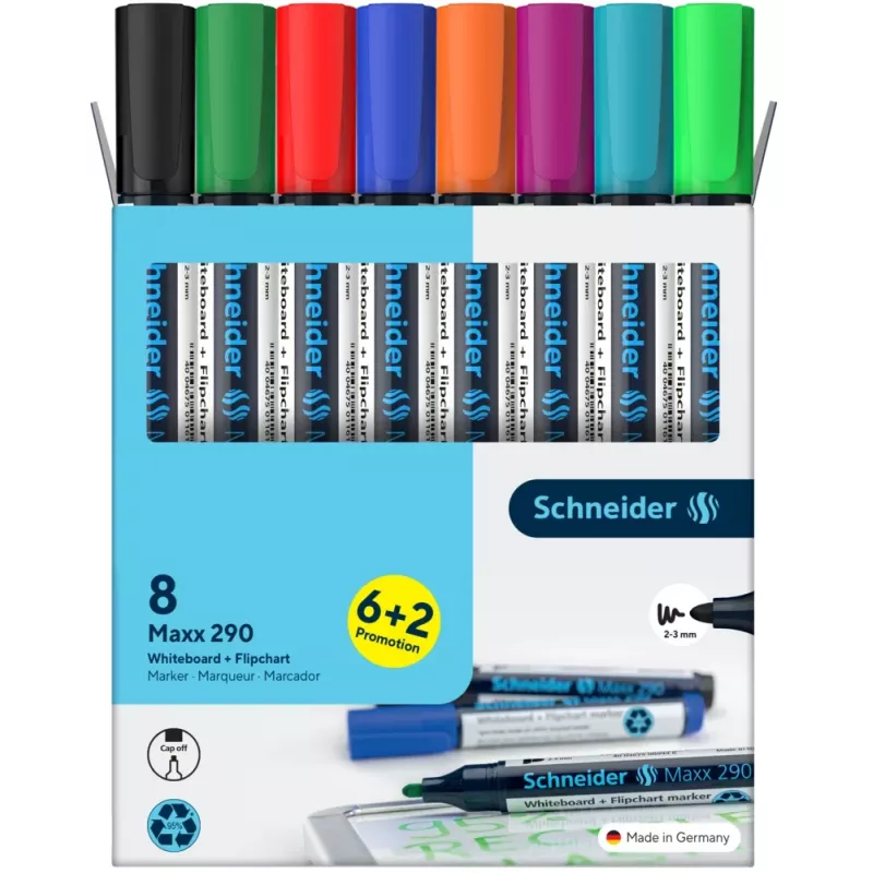 Schneider Maxx 290 rotuladores para pizarra blanca y flipchart set de 8 colores surtidos, punta redonda 2,0-3,0 mm 129098