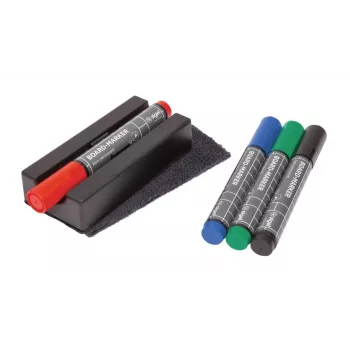 SIGEL BA151 set de accesorios para pizarra blanca, 4 rotuladores borrables en seco, borrador magnético, soporte de rotulador magnético, spray limpiador 50 ml, 10 paños de limpieza, negro
