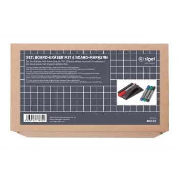 SIGEL BA151 set de accesorios para pizarra blanca, 4 rotuladores borrables en seco, borrador magnético, soporte de rotulador magnético, spray limpiador 50 ml, 10 paños de limpieza, negro