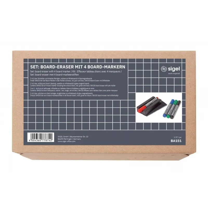 SIGEL BA151 set de accesorios para pizarra blanca, 4 rotuladores borrables en seco, borrador magnético, soporte de rotulador magnético, spray limpiador 50 ml, 10 paños de limpieza, negro