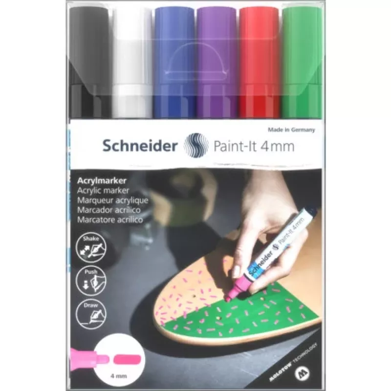 Schneider Paint-It 320 V1 Set de rotuladores acrílicos, 6 colores diferentes, punta redonda 4,0 mm 120295