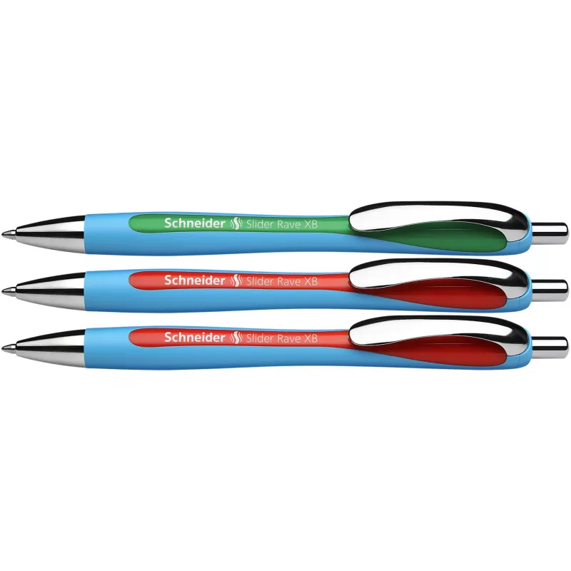 Bolígrafo Schneider Slider Rave pack de 3, tinta azul variada, mediano 1,0 mm, tecnología Viscoglide, zona de agarre de goma ergonómica, clip de metal, recargable 132597