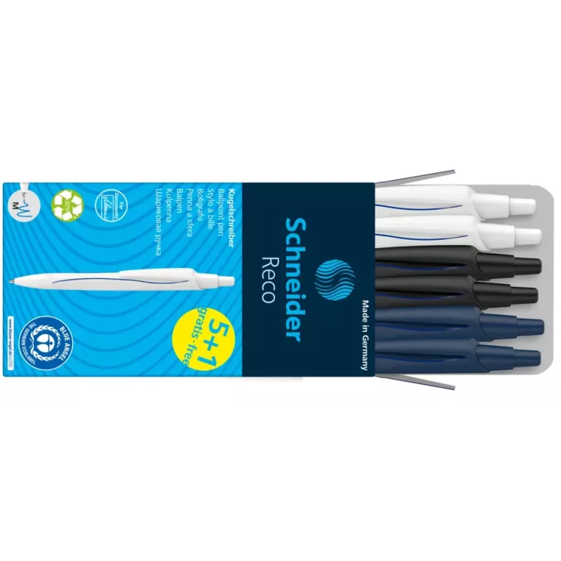 Set de bolígrafos Schneider Reco con 6 bolígrafos, tinta azul, carcasas de colores variados, punta mediana 131886