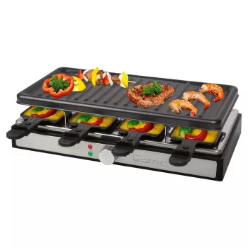Clatronic RG 3757 Grill raclette, rectangular, plancha de grill acanalada 42x21 cm, 8 sartenes de raclette, 1400 W, acero inoxidable/plástico 263946
