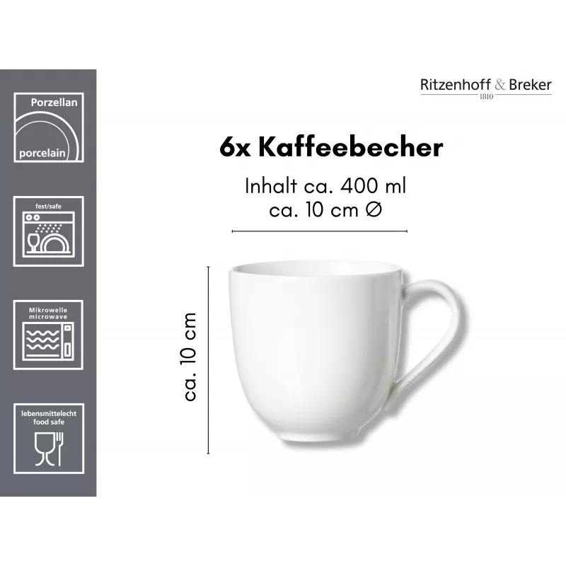 Ritzenhoff & Breker Skagen tazas de café de porcelana blancas 440 ml set de 6 317329