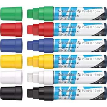 Schneider Paint-It 330 V1 set de rotuladores acrílicos, 6 colores diferentes, punta biselada 15 mm 120396