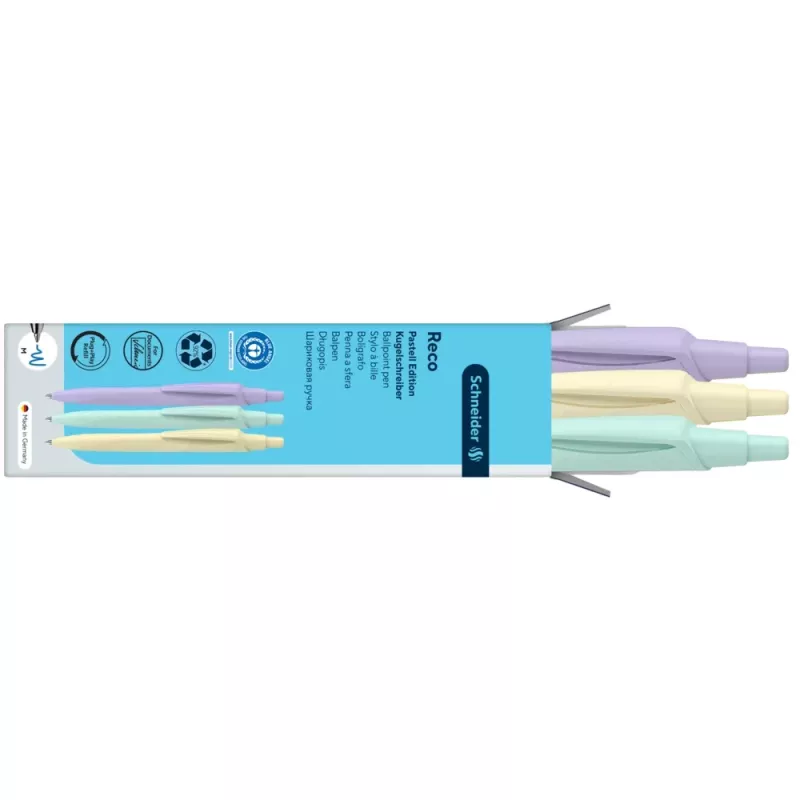 Schneider Reco Pastel bolígrafo, tinta azul, pack de 3, colores pastel surtidos 131893