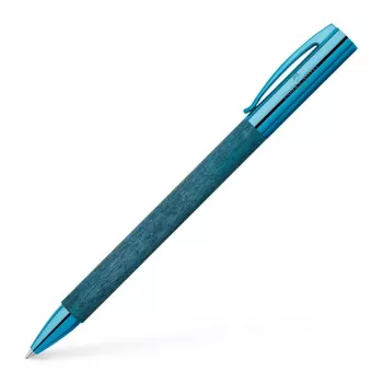 Faber-Castell Ambition Bolígrafo – Cuerpo de madera azul, tinta negra, anillo decorativo cromado 148035