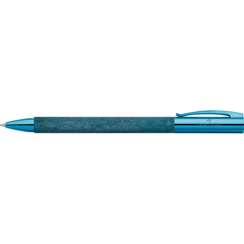 Faber-Castell Ambition Bolígrafo – Cuerpo de madera azul, tinta negra, anillo decorativo cromado 148035