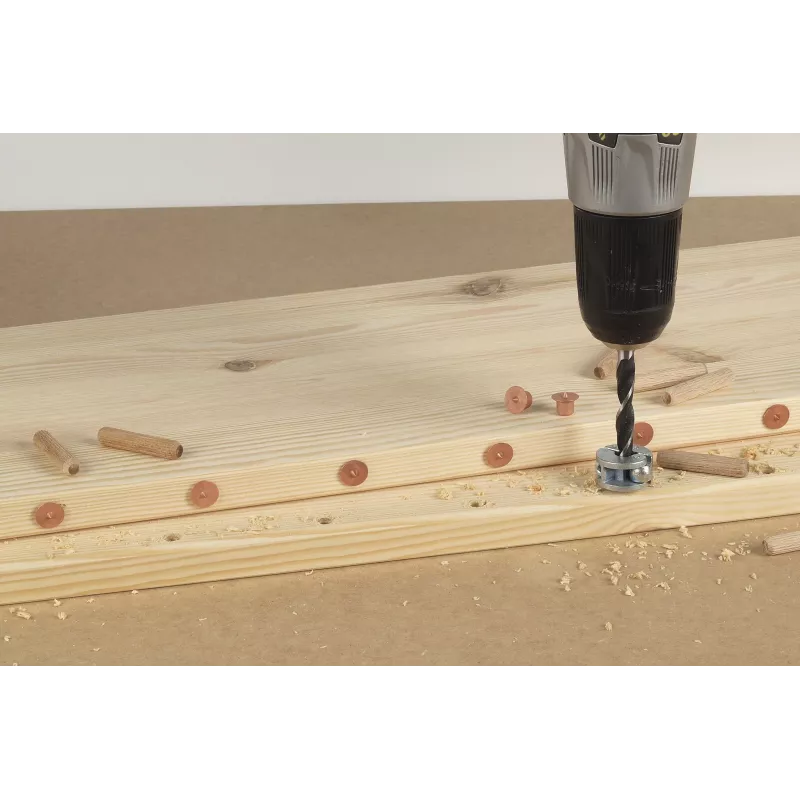 Wolfcraft 2916000 Set de tacos de madera de haya 6 mm, 50 tacos estriados + 4 marcadores de tacos de acero