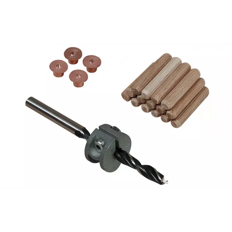 Wolfcraft Set de tacos de madera de haya 8 mm con broca, tope de profundidad y marcadores (50 tacos, 56 piezas) 2917000
