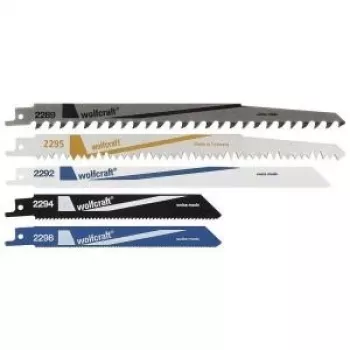 Wolfcraft 3599000 Set de hojas de sierra sable, 5 piezas, HCS y bimetal, 150/230 mm, 6/18 TPI, vástago universal de 1/2 pulgadas