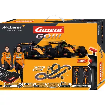 Carrera GO!!! McLaren Racing set eléctrico de slot 1:43 con looping, fly-over, estrechamiento, 2 mandos, circuito de 6,2 m