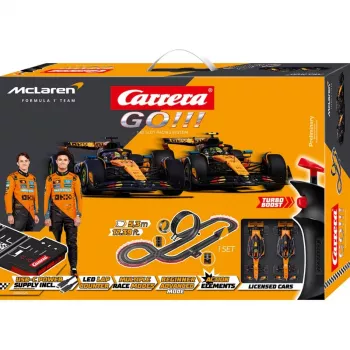 Carrera GO!!! McLaren Racing set eléctrico de slot 1:43 con looping, fly-over, estrechamiento, 2 mandos, circuito de 6,2 m