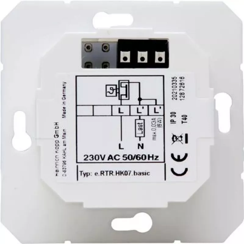 HEINRICH KOPP HK07 Basic termostato ambiente electrónico, 230V, 50Hz, 0°C a 40°C, IP20, blanco puro 296529003