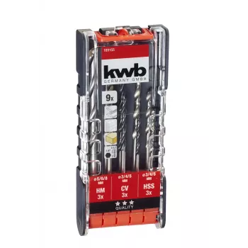 KWB 109155 Juego de brocas helicoidales HSS, 9 piezas, 1,5-6,0 mm, DIN 338, rectificadas, para metal, plástico, madera