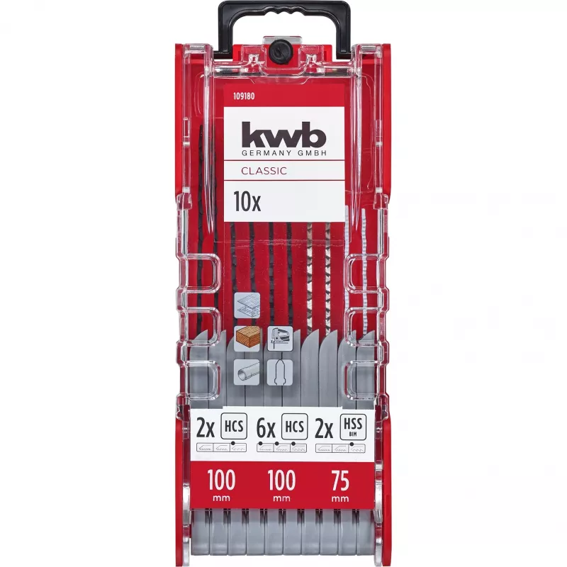 kwb 109180 Juego de hojas de sierra de calar, 10 piezas, vástago en T, madera/metal/plástico