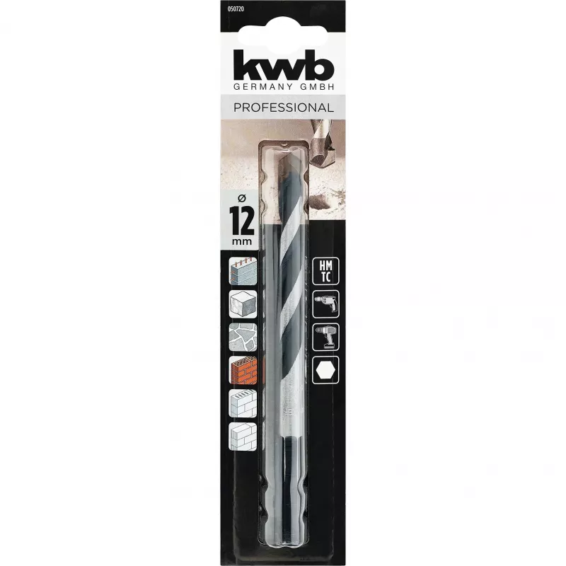 KWB 050720 Broca helicoidal para hormigón de carburo de tungsteno 12 mm, longitud total 150 mm, vástago cilíndrico, 1 pieza