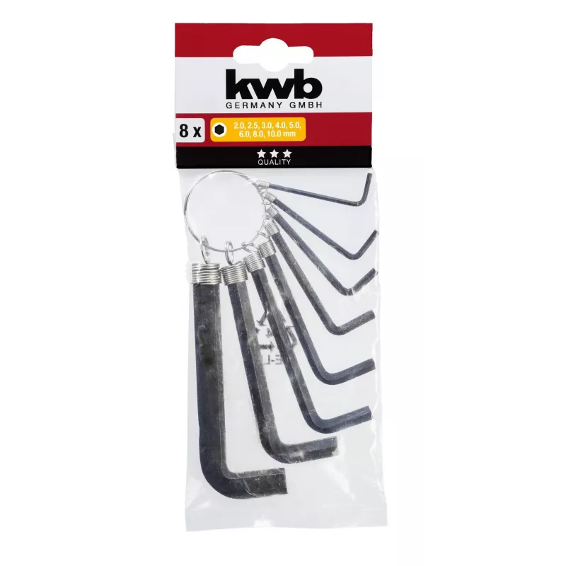 kwb Set de 8 llaves Allen, métrico, acero cromo-vanadio, forma L, tamaños 2-10 mm 147388