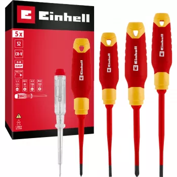 Einhell Set de destornilladores VDE para electricista, 5 piezas, SL 4,0/5,5, PH 1/2, comprobador de tensión, 370541