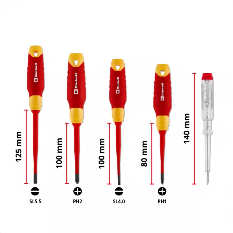 Einhell Set de destornilladores VDE para electricista, 5 piezas, SL 4,0/5,5, PH 1/2, comprobador de tensión, 370541