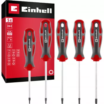 Einhell Set de destornilladores Torx universales T10-T30, 5 piezas, puntas magnéticas, acero cromo-vanadio, mangos ergonómicos bimaterial, taller y bricolaje 370537