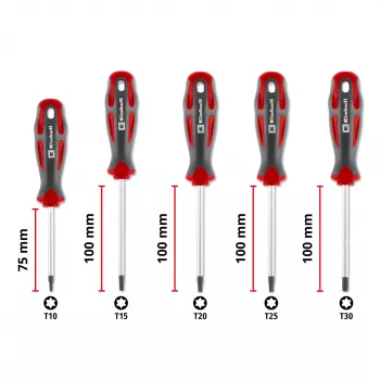 Einhell Set de destornilladores Torx universales T10-T30, 5 piezas, puntas magnéticas, acero cromo-vanadio, mangos ergonómicos bimaterial, taller y bricolaje 370537