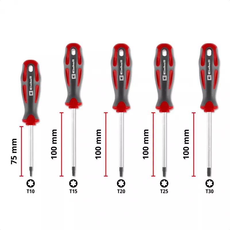 Einhell Set de destornilladores Torx universales T10-T30, 5 piezas, puntas magnéticas, acero cromo-vanadio, mangos ergonómicos bimaterial, taller y bricolaje 370537