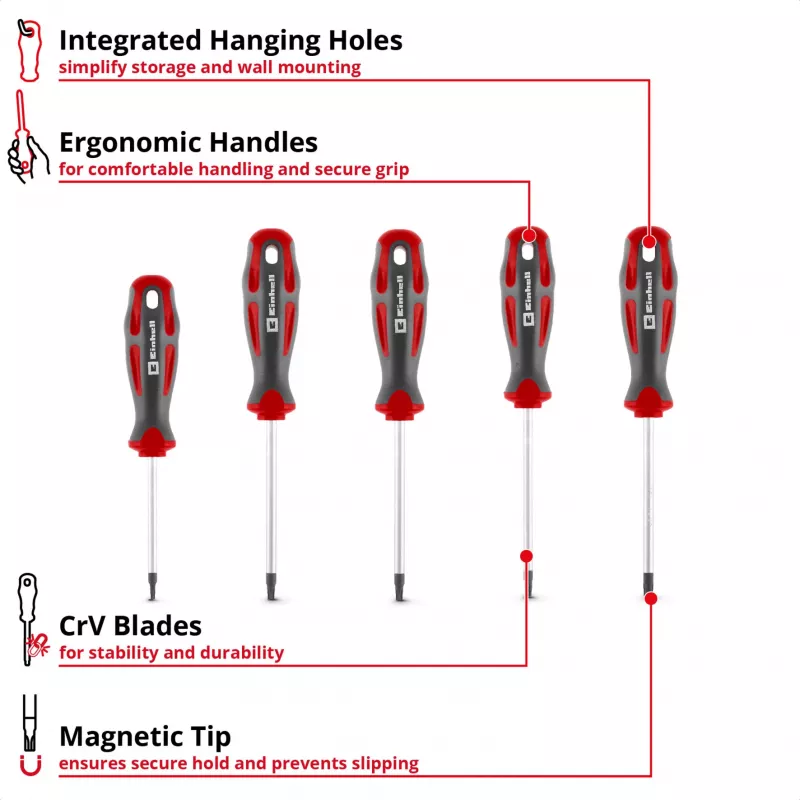 Einhell Set de destornilladores Torx universales T10-T30, 5 piezas, puntas magnéticas, acero cromo-vanadio, mangos ergonómicos bimaterial, taller y bricolaje 370537