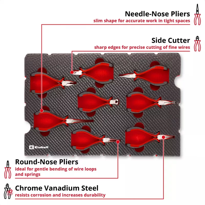 Einhell 370523 Inserto de herramientas E-Case – Set de 8 alicates de precisión para E-Case S-F